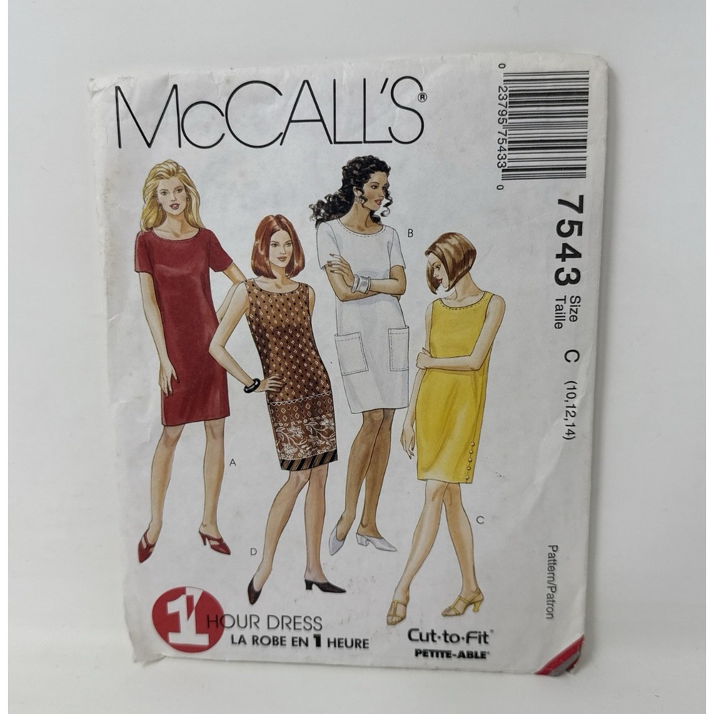 Mccalls 7543 One Hour Loose Fit Shift Dress in 4 Styles Womans 10 12 14 UNCUT